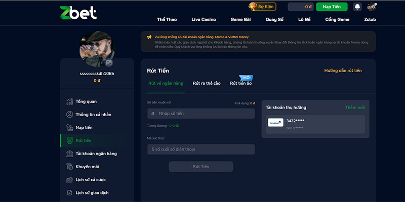 Truy cập vào hệ thống để thực hiên rút tiền Zbet
